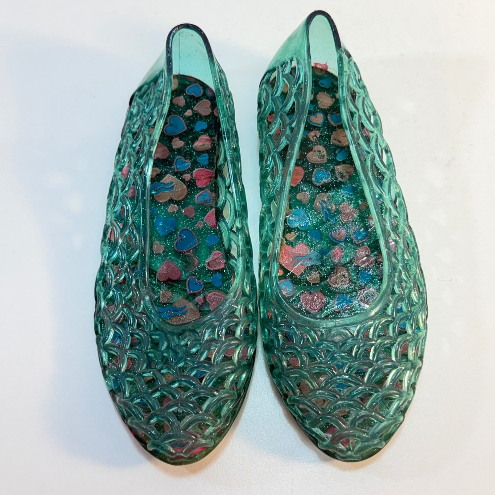 Green Glitter‎ Jelly Shoes Girls Size 11 Teal Woven Flats Y2K Vintage